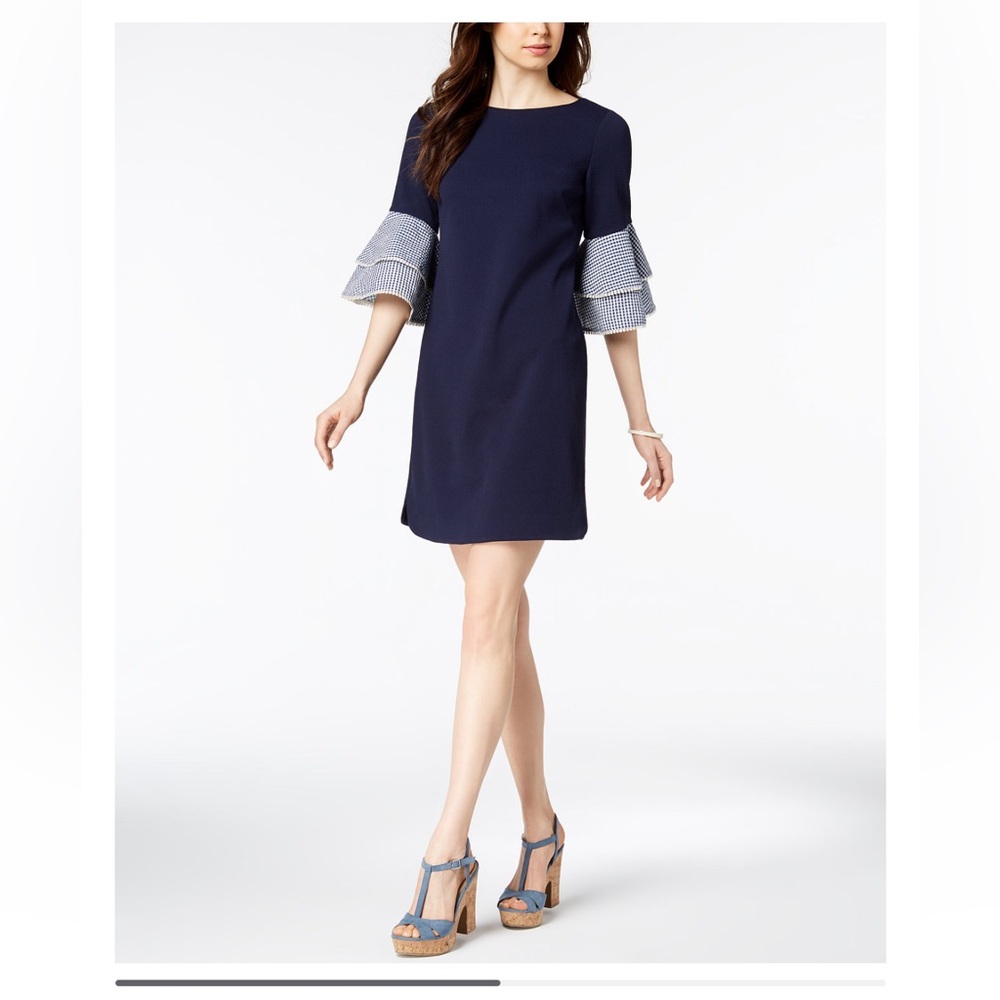 Jessica Howard Navy Dress with Gingham Sleeves